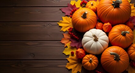 Thanksgiving Autumn Harvest Arrangement on Dark Wood Background stock (15