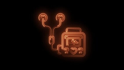 Glowing neon defibrillator icon animation emergency medical rescue device for healthcare services