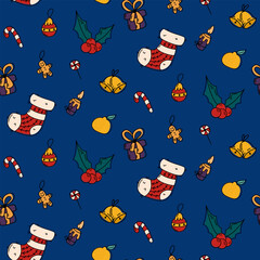 Cute Christmas elements seamless pattern on blue background. Playful mix of stockings, ornaments, candies and winter symbols arranged in a festive seamless pattern, perfect for holiday textiles