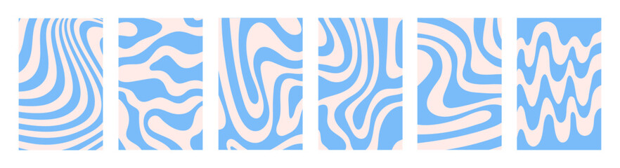 Naklejka premium Abstract set vertical backgrounds with blue waves. Trendy vector illustration in style retro 60s, 70s.