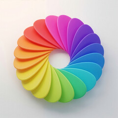 A 3D rendered color wheel with a vibrant rainbow spectrum gradient. Abstract circular pattern of overlapping shapes. Modern graphic design and creativity concept