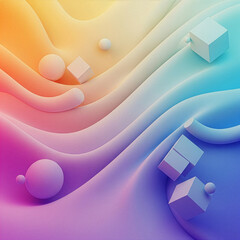 Abstract 3D background with colorful gradient waves. Floating geometric shapes on a layered surface. Modern digital art render