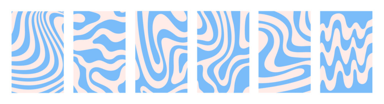 Abstract set vertical backgrounds with blue waves. Trendy vector illustration in style retro 60s, 70s.