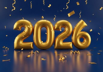Golden 2026 balloons with falling confetti on dark blue background