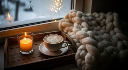 A dimly lit cozy setup with a cup of latte on a wooden tray, next to a burning candle in a glass holder and a plush white wool blanket.