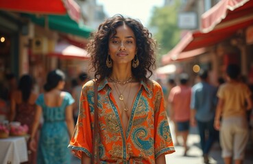 Obraz premium Stylish woman in bright orange patterned dress walks down sunny street market. She has curly dark hair, gold necklaces and earrings. Other people blur in background.