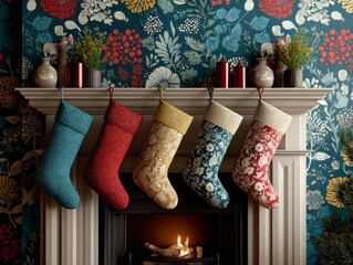 Colorful Holiday Stockings Hanging Above a Cozy Fireplace in a Seasonal Decor Living Room