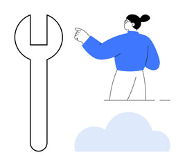 Large wrench, woman in blue sweater pointing, and a light blue cloud highlight themes of technology, repair, teamwork, innovation, growth, problem-solving and simplicity. Ideal for technical guides