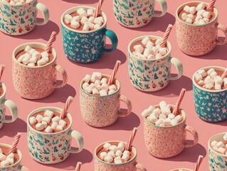 Colorful mugs filled with marshmallows and striped straws on pink background