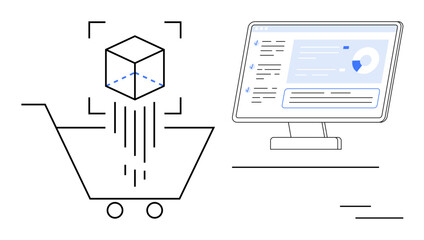 Shopping cart with 3D cube indicating digital product selection, alongside computer showing analytics data. Ideal for e-commerce, digital marketing, retail analysis, online shopping, customer