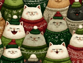 Colorful Pattern of Happy Cats in Festive Sweaters with Green and Red Tones