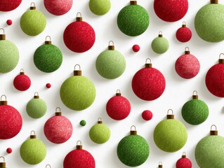 Colorful Red and Green Christmas Ornaments with Glittering Detail on White Background