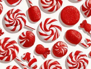 Colorful Red And White Swirled Hard Candies Arranged On A Bright Background