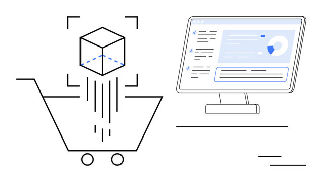 Shopping cart with 3D cube indicating digital product selection, alongside computer showing analytics data. Ideal for e-commerce, digital marketing, retail analysis, online shopping, customer