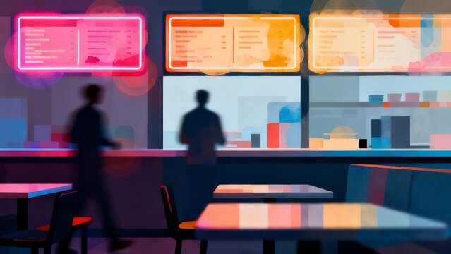 Generative AI neon diner interior with patrons and menus.