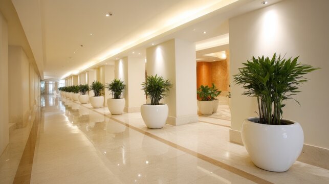 A spacious hallway features polished floors and bright lighting, lined with vibrant green plants in white pots, fostering a calm and inviting environment perfect for relaxation or strolls