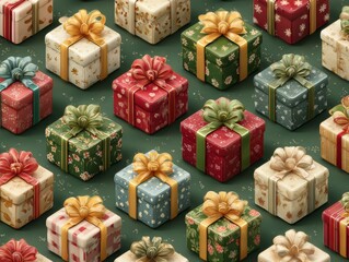 Colorful Wrapped Presents with Ribbons and Bows Surrounded by Snowflakes on Dark Green Background