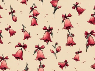 Delicate Floral Pattern Featuring Pink Bell Flowers with Green Leaves on Cream Background