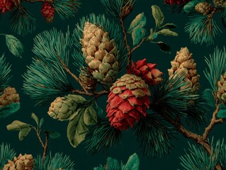Detailed Botanical Illustration of Pine Cones and Green Foliage on Dark Background