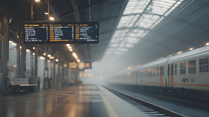commute. Empty train platform with blurred departure board in morning fog. tourism brochures, itinerary planners, designed for hospitality marketing for hotel rooms and spa retreats.