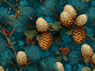 Detailed Botanical Pattern Featuring Pine Cones and Evergreen Leaves on Dark Background
