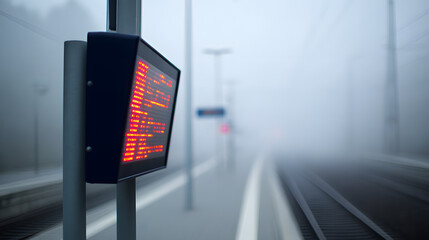 commute. Empty train platform with blurred departure board in morning fog. tourism brochures, itinerary planners, designed for hospitality marketing for hotel rooms and spa retreats.