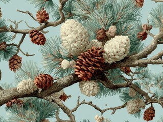 Detailed Close-Up of Pinecones and Green Needles on a Branch Against a Soft Blue Background