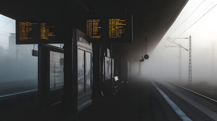 commute. Empty train platform with blurred departure board in morning fog. tourism brochures, itinerary planners, designed for hospitality marketing for hotel rooms and spa retreats.