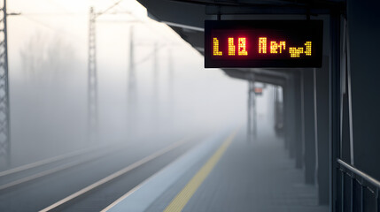 commute. Empty train platform with blurred departure board in morning fog. tourism brochures, itinerary planners, designed for hospitality marketing for hotel rooms and spa retreats.