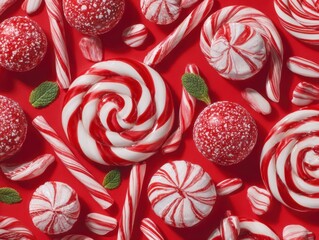 Festive Assortment of Red and White Candy on a Vibrant Red Background