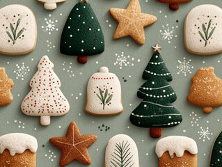 Festively Decorated Gingerbread Cookies in Various Shapes on Soft Green Background