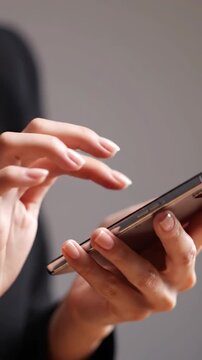 Close-up of elegant hands holding and actively using a sleek smartphone, blurred background