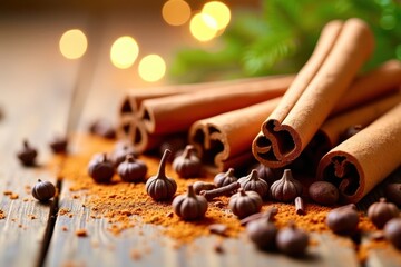 A pile of cinnamon sticks and ground cinnamon on a wooden table