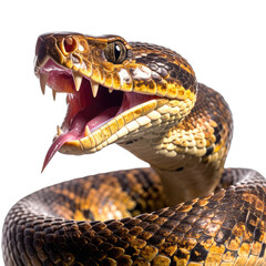 Fototapeta premium A detailed close-up portrait of a striking viper displaying its fangs and flicking its tongue against a dark background.