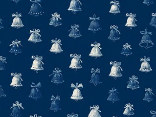Pattern of White and Blue Bells with Ribbons on Dark Navy Background