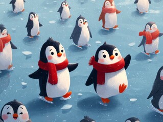 Playful Penguins Wearing Red Scarves Dancing on Icy Surface in Snowy Winter Wonderland