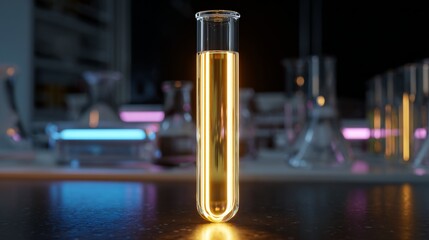 Single test tube containing luminous golden liquid on a dark reflective laboratory table