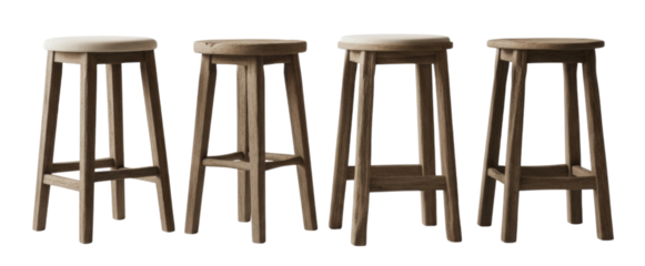 Four wooden bar stools transparent background cutout png