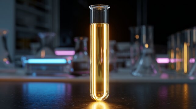 Single test tube containing luminous golden liquid on a dark reflective laboratory table - Powered by Adobe