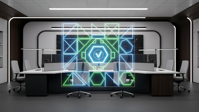 Futuristic office meeting room with transparent digital interface displaying a glowing green checkmark and geometric pattern