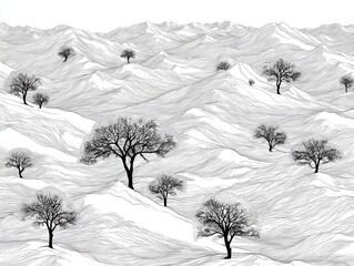 Sparse black trees on rolling white hills against a clear sky in a winter landscape