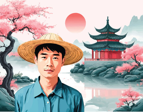 053-43-Asian man in straw hat standing in front of traditional pagoda with cherry blossoms