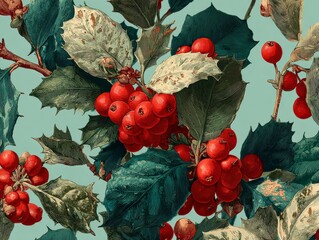 Vibrant Red Berries Surrounded by Green Holly Leaves on a Soft Blue Background