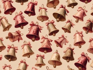 Vintage Bell Pattern with Red and Gold Bells on a Soft Beige Background