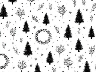 Whimsical Black and White Winter Forest Pattern with Pine Trees and Circular Shapes