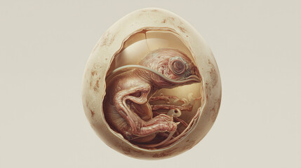 Detailed illustration of a developing chick inside a partially opened egg, showing realistic anatomy, skin texture, and veins. Ideal for biology education, embryology, and scientific materials