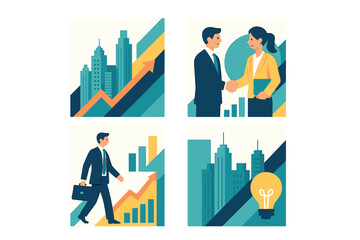 Obraz premium Business success concepts: growth, partnership handshake, urban development, and creative ideas