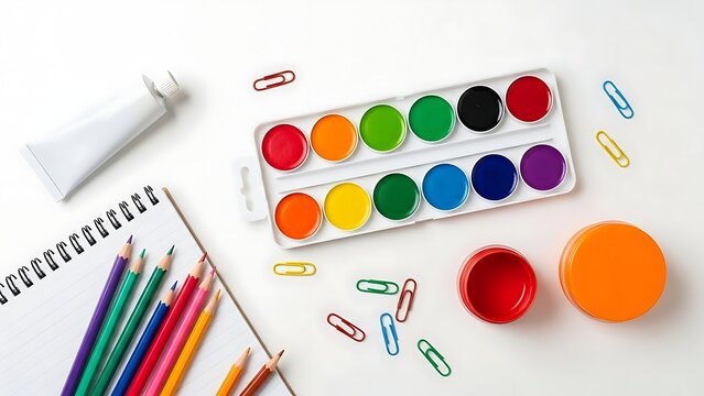 A vibrant overhead view of art supplies including a watercolor paint set colored pencils a sketchbook a tube of paint and colorful paper clips arranged on a white background