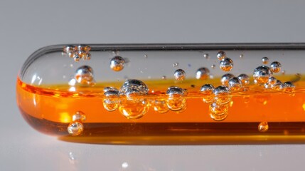 Close up of a glass test tube filled with vibrant orange liquid and reflective metallic bubbles