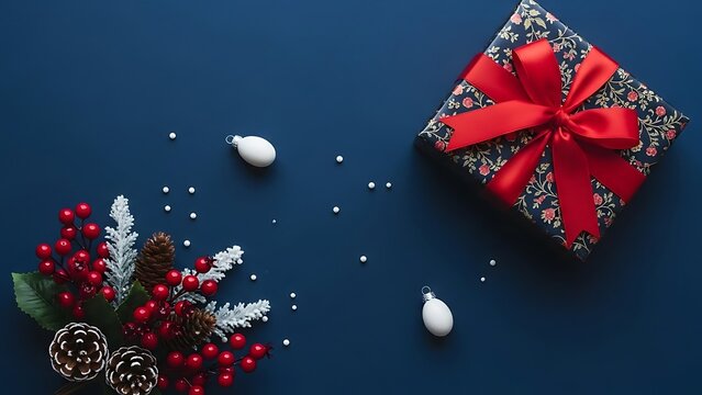 Festive christmas gift box with red ribbon and holiday floral arrangement featuring berries and pinecones on a dark blue background with scattered glitter for a celebratory winter scene - Powered by Adobe